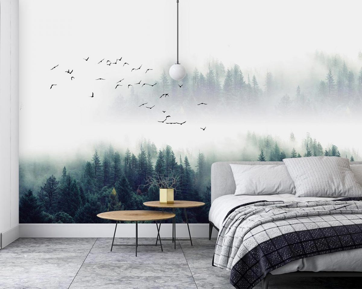 پوستر دیواری جنگل مه آلود و پرندگان W10010500 اتاق خواب