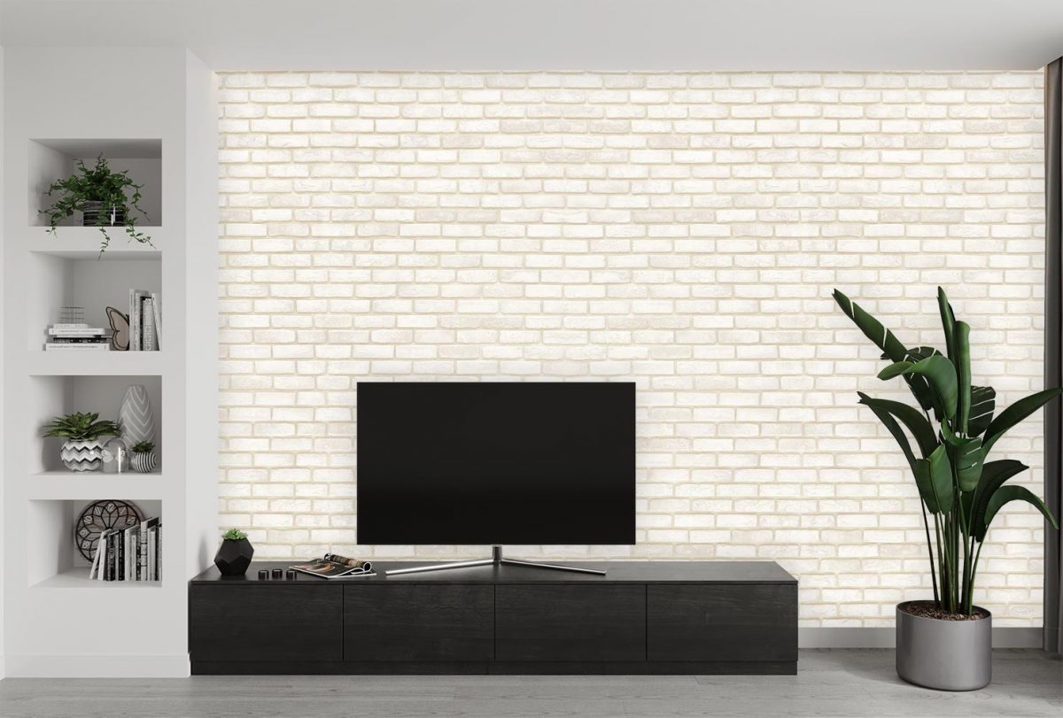 پوستر کاغذ دیواری طرح آجر سفید W10015000 پشت تلویزیون