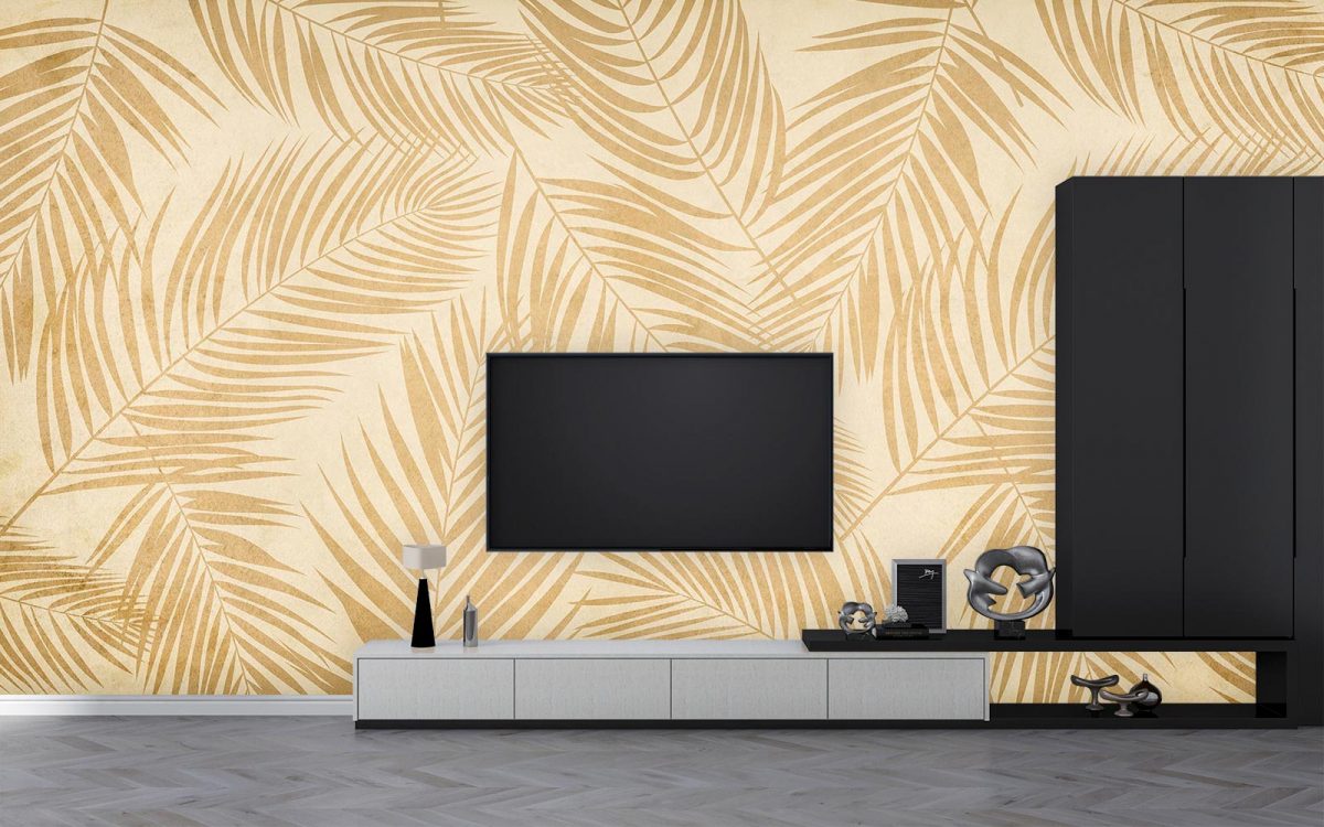 پوستر کاغذ دیواری طرح برگ طلایی W10025800 پشت تلویزیون