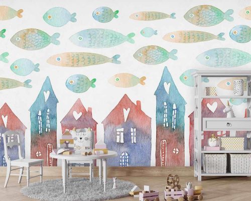 پوستر دیواری کودک طرح ماهی و خانه W10036600