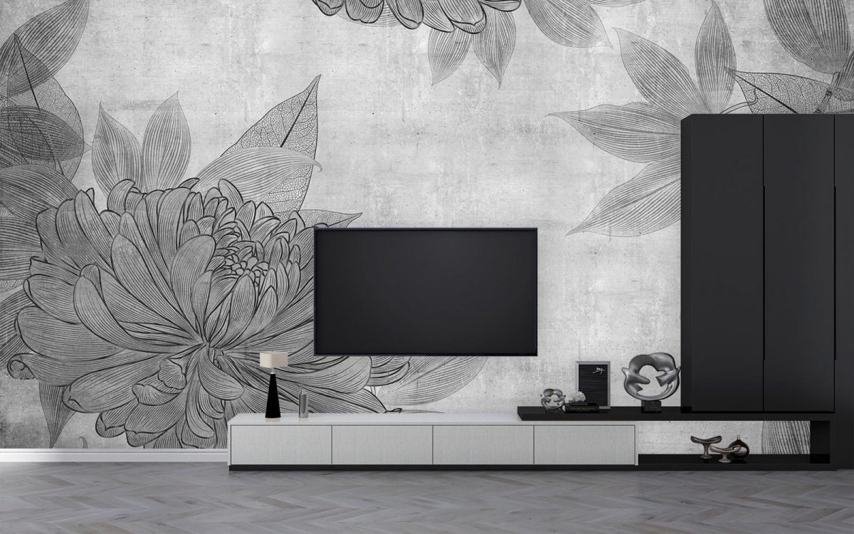 پوستر دیواری طرح گل و برگ W10044300 پشت تلویزیون