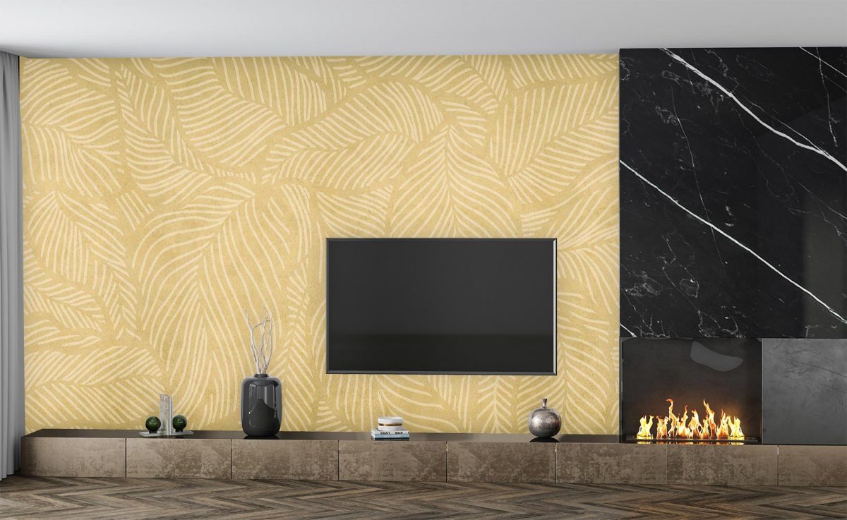پوستر کاغذ دیواری طرح برگ لاکچری W10046900 پشت تلویزیون