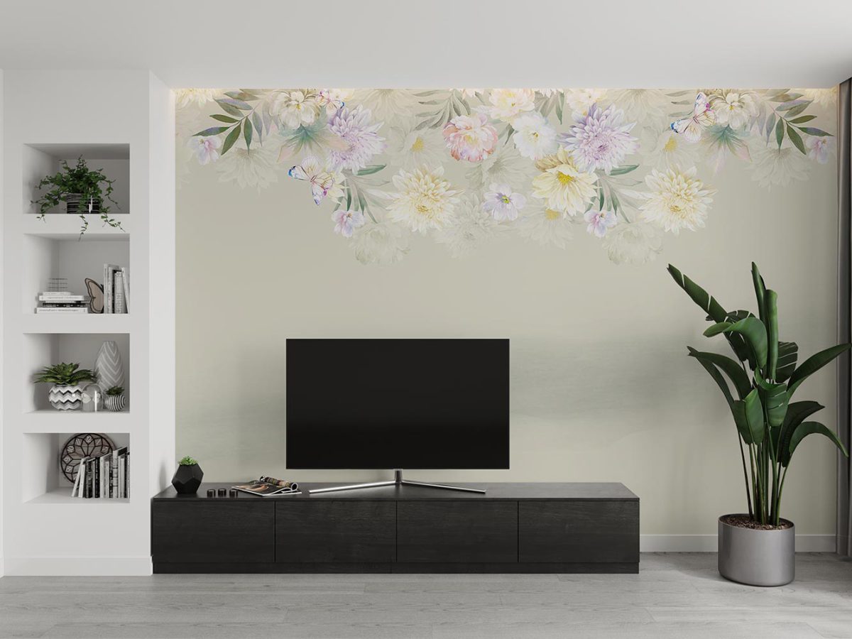 پوستر دیواری طرح گل و پروانه W12010300 برای پشت تلویزیون