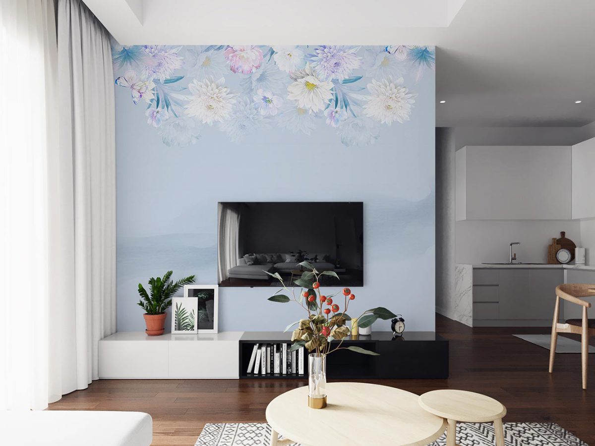 پوستر کاغذ دیواری گل و پروانه W12010310 پشت تلویزیون
