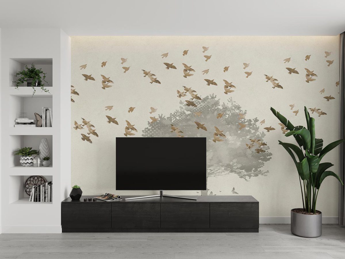کاغذ دیواری پرندگان طلایی لاکچری W12011020 پشت تلویزیون