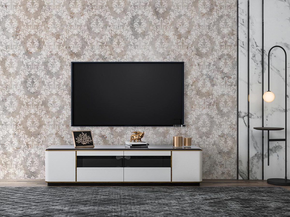 کاغذ دیواری طرح پتینه داماسک W12011610 پشت تلویزیون