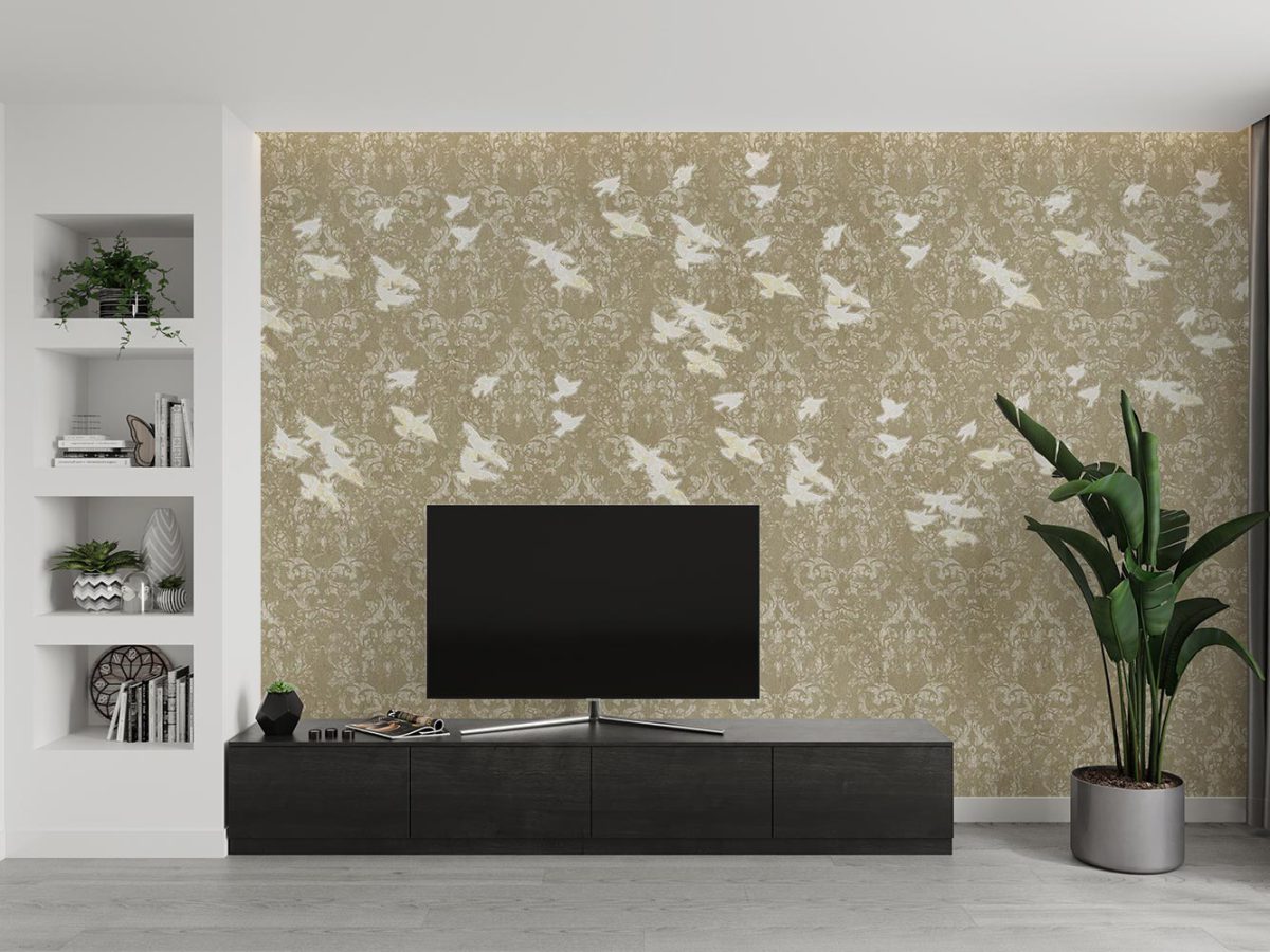 کاغذ دیواری لاکچری داماسک پرنده W12012110 پشت تلویزیون