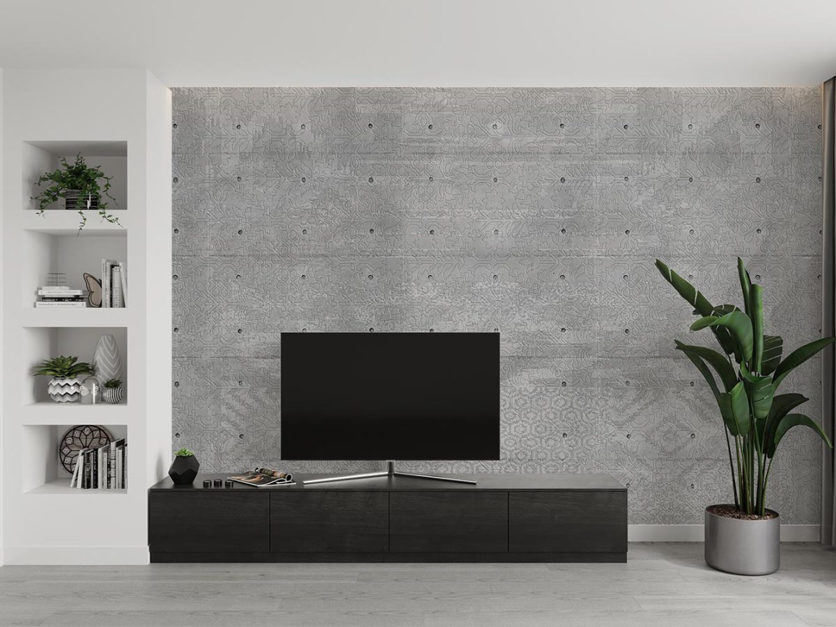 کاغذ دیواری طرح بتنی طوسی W12012200 پشت تلویزیون