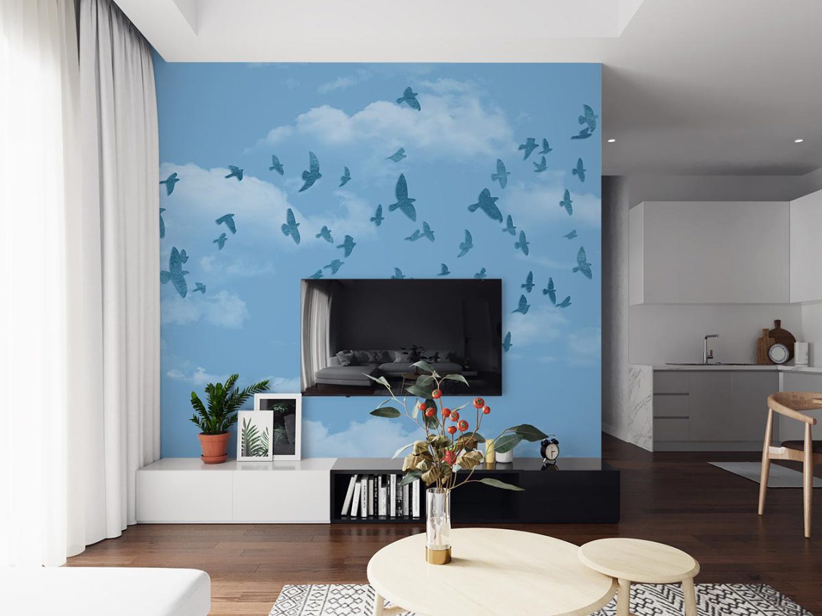 پوستر دیواری ابر آسمان پرندگان W12013420 پشت تلویزیون