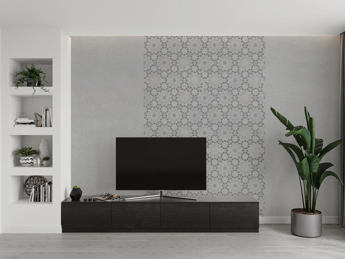 کاغذ دیواری طوسی طرح سنتی W12016220 پشت تلویزیون