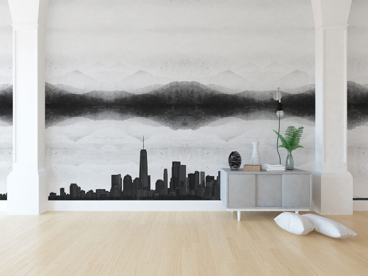 پوستر دیواری سیاه و سفید طرح ساختمان و کوه W12019300