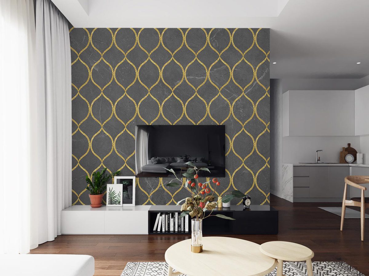 کاغذ دیواری لاکچری هندسی طلایی W12112140 پشت تلویزیون