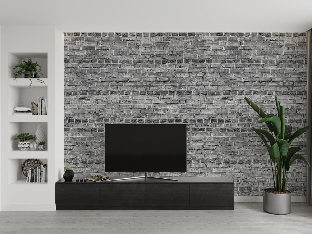 کاغذ دیواری طوسی طرح آجری w11021600 پشت تلویزیون