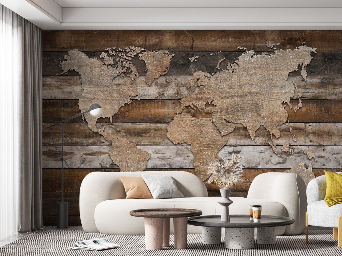 پوستر دیواری نقشه جهان و چوب w11023600