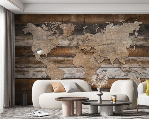 پوستر دیواری نقشه جهان و چوب w11023600