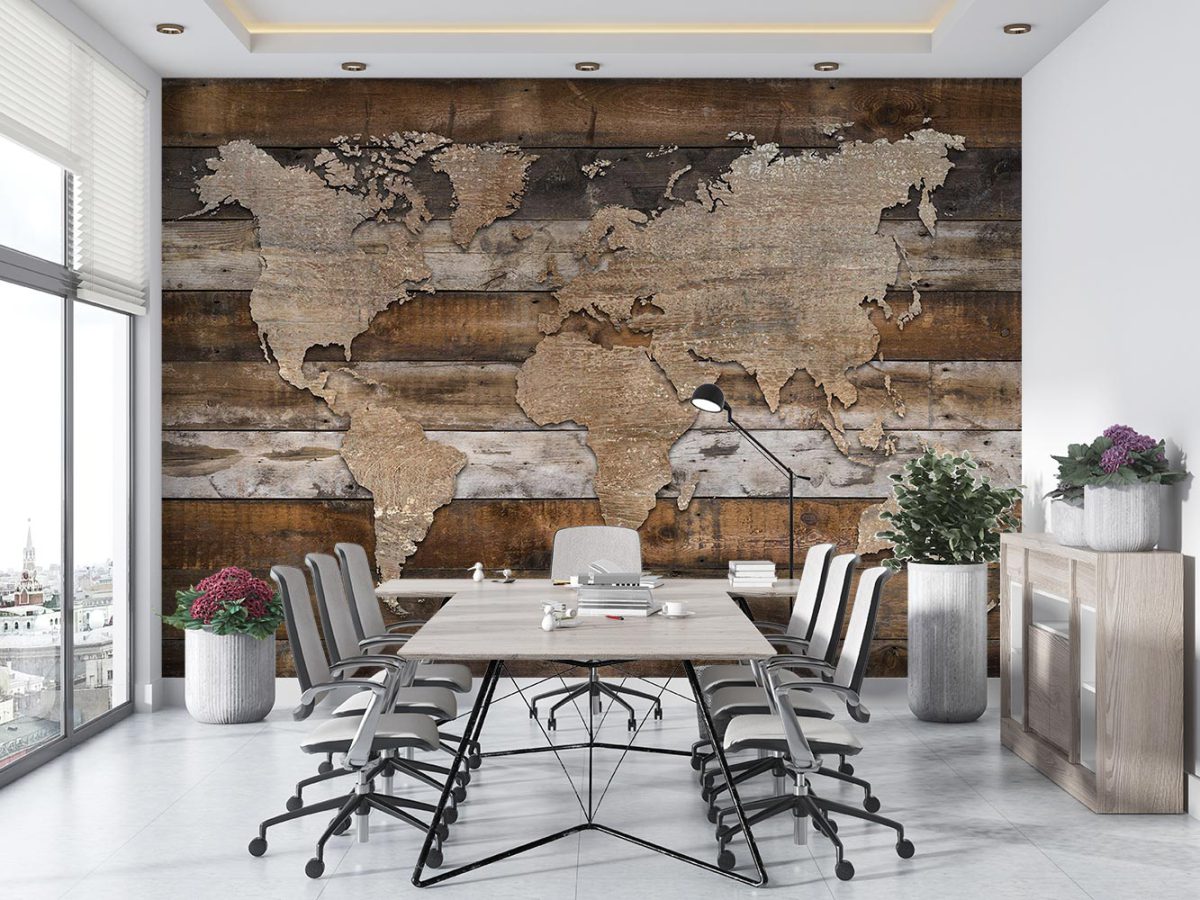 پوستر دیواری نقشه جهان و چوب w11023600 اداری دفتر کار
