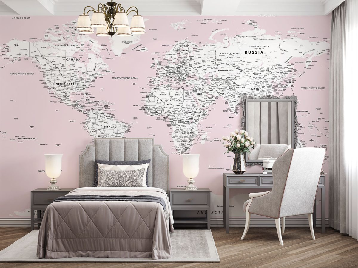 کاغذ دیواری دخترانه صورتی طرح نقشه جهان w11024110