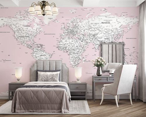 کاغذ دیواری دخترانه صورتی طرح نقشه جهان w11024110