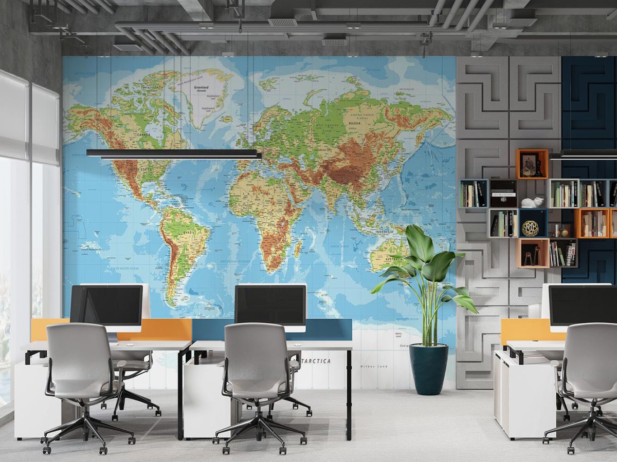 پوستر کاغذ دیواری نقشه جهان آبی رنگ w11024300 اداری