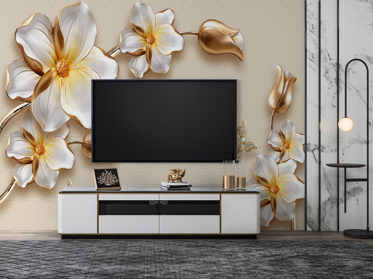 پوستر دیواری سه بعدی طرح گل برجسته W13010200 مناسب پشت تلویزیون