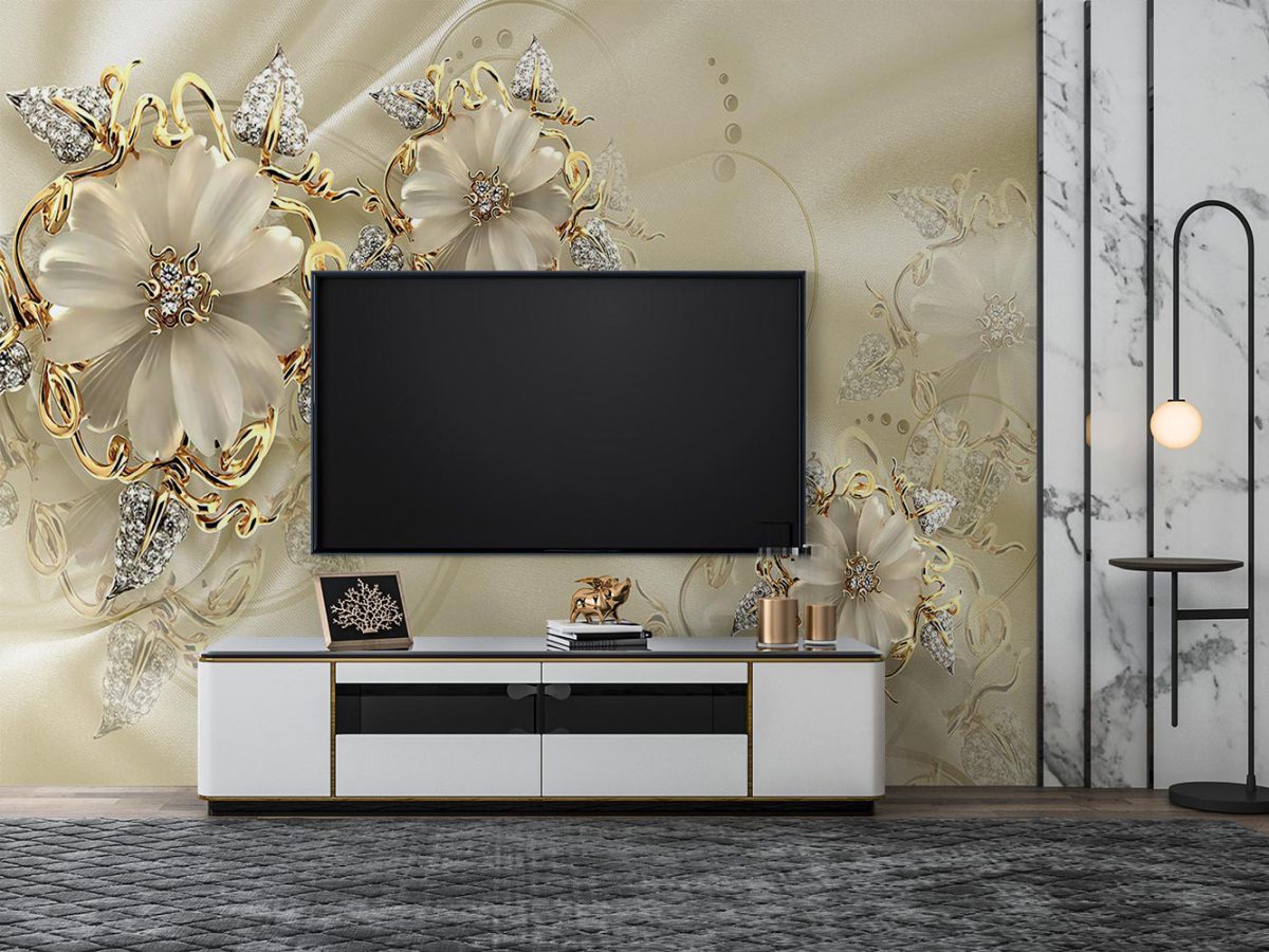 پوستر دیواری سه بعدی طرح گلدار برجسته طلایی W13010400 پشت تلویزیون