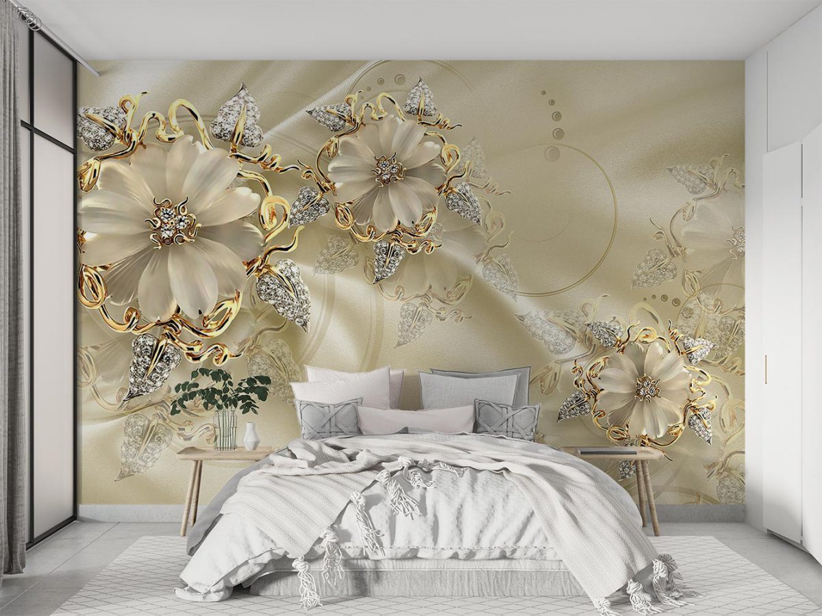 پوستر دیواری سه بعدی طرح گلدار برجسته طلایی W13010400