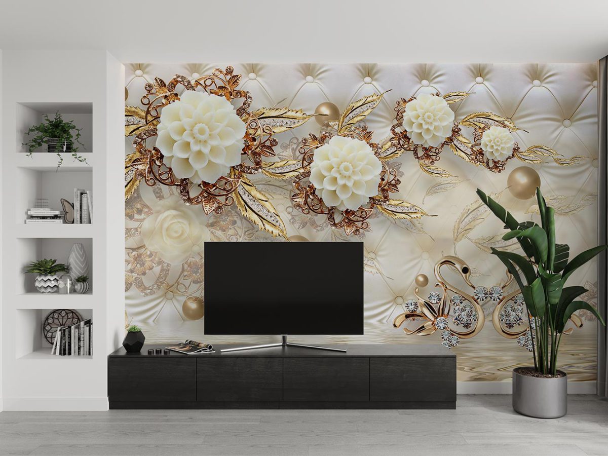 پوستر دیواری سه بعدی گلدار طلایی W13010500 برای دیوار پشت تلویزیون
