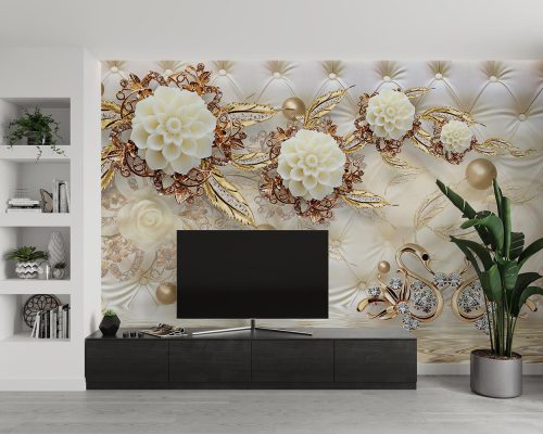پوستر دیواری سه بعدی گلدار طلایی W13010500