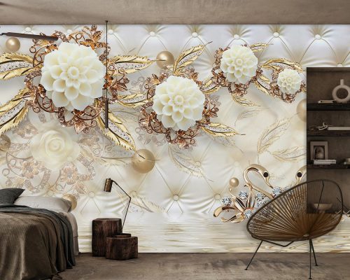 پوستر دیواری سه بعدی گلدار طلایی W13010500