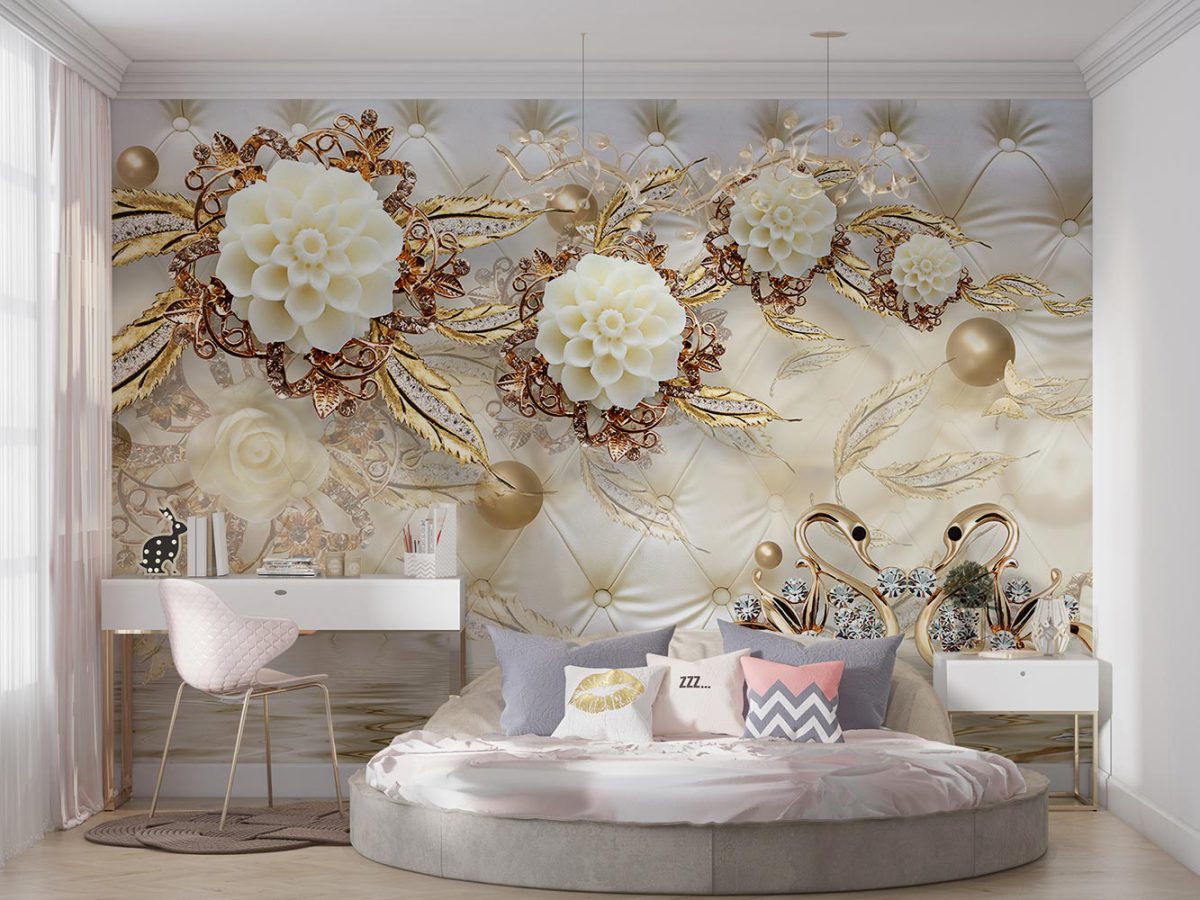پوستر دیواری سه بعدی گلدار طلایی W13010500 اتاق خواب دختر