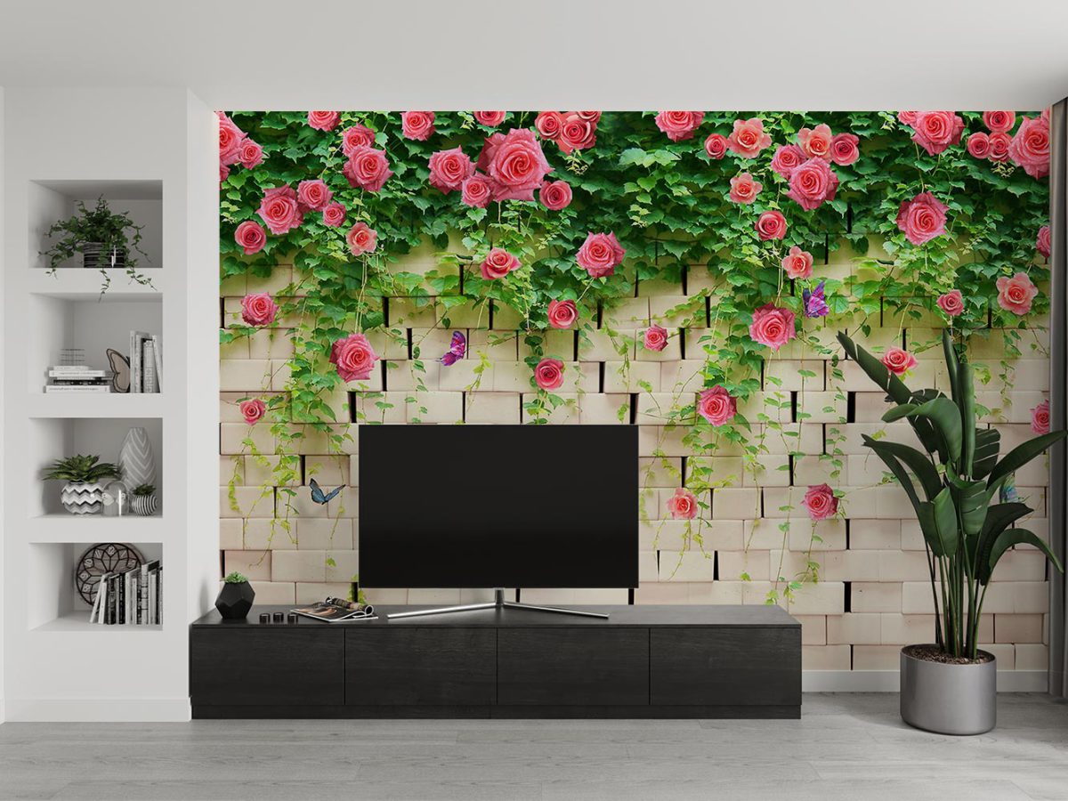 پوستر دیواری گل رز و آجر W13010900 پشت تلویزیون