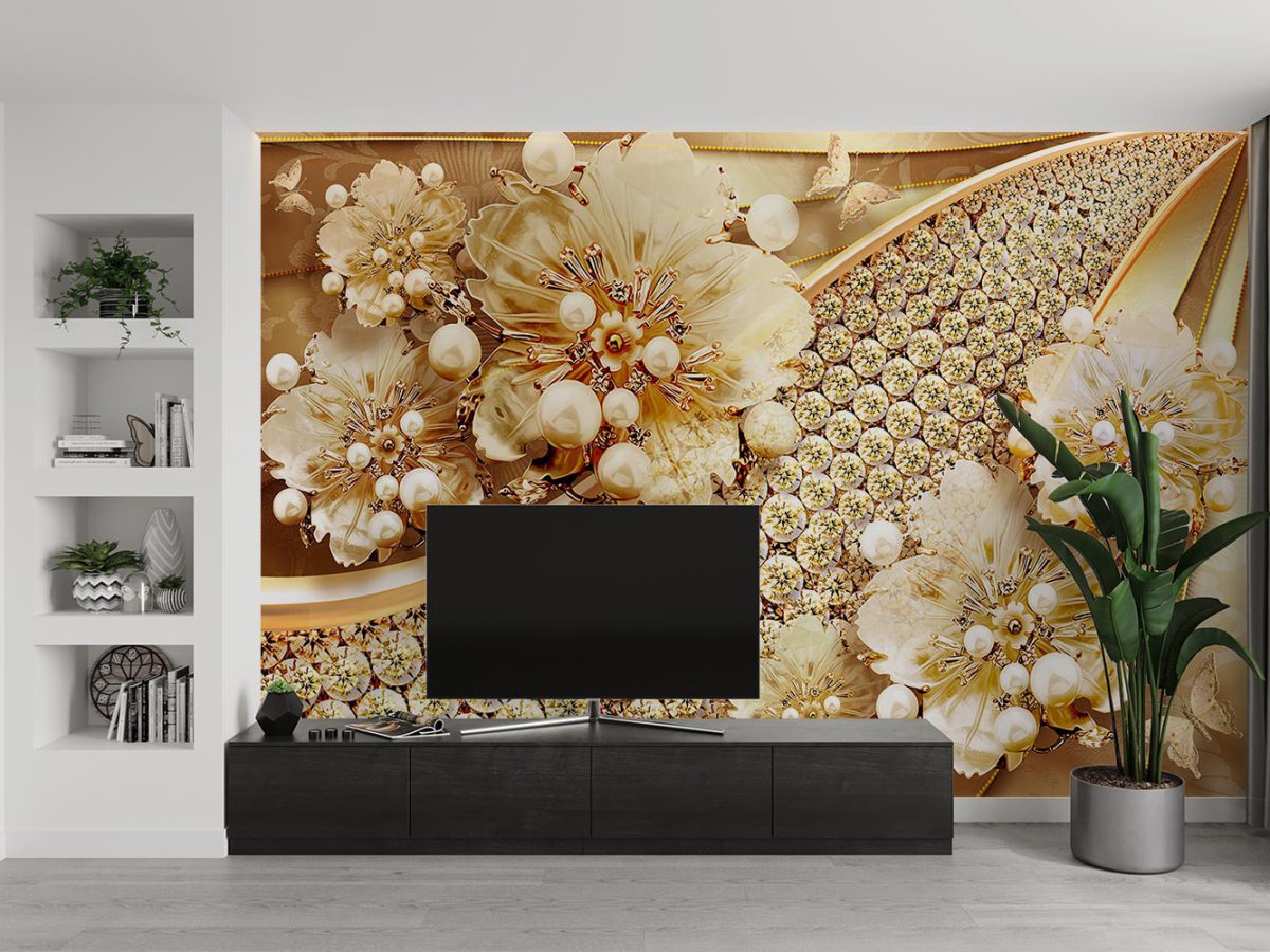 کاغذ دیواری سه بعدی گل لاکچری W13011900 پشت تلویزیون