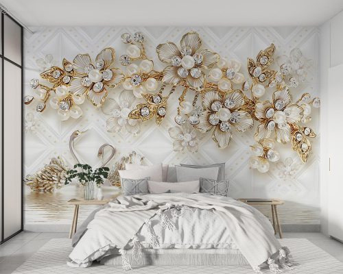 پوستر دیواری سه بعدی گل طلایی W13012100