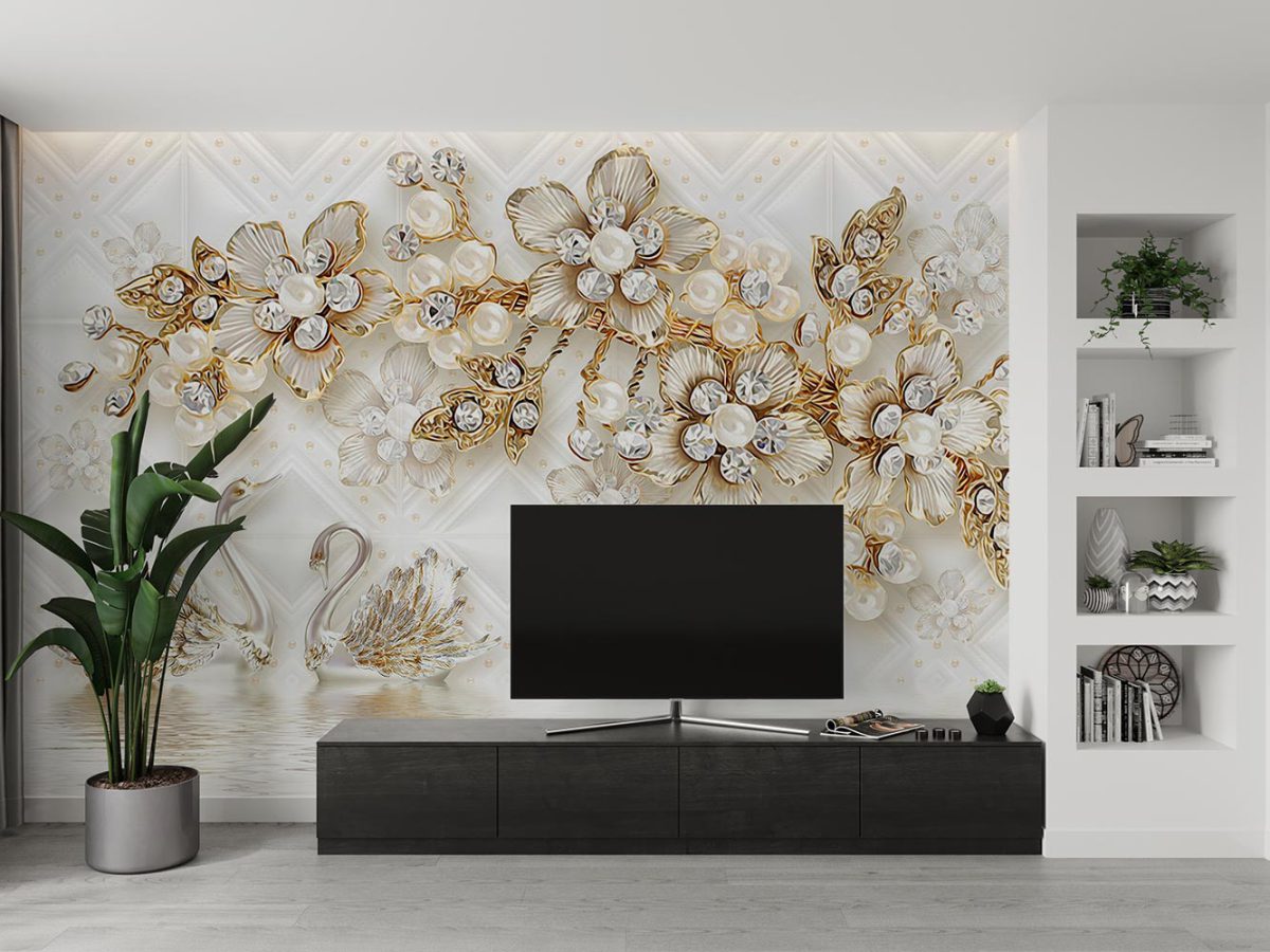 پوستر دیواری سه بعدی گل طلایی W13012100 پشت تی وی