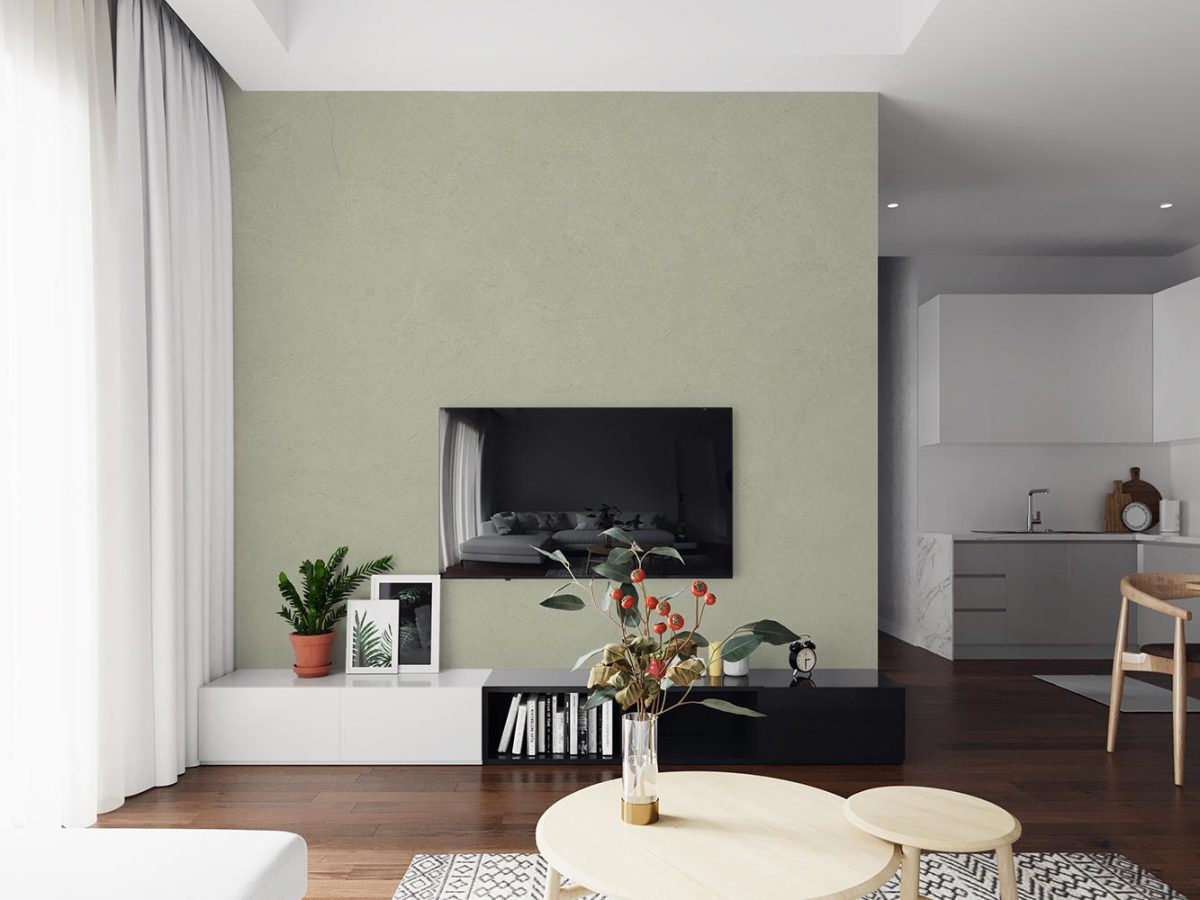 کاغذ دیواری ساده شیک سبز رنگ W20014500 پشت تلویزیون