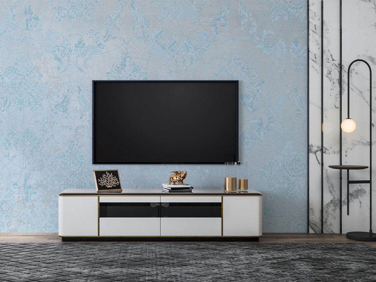 کاغذ دیواری مدرن پتینه آبی W12211400 پشت تلویزیون