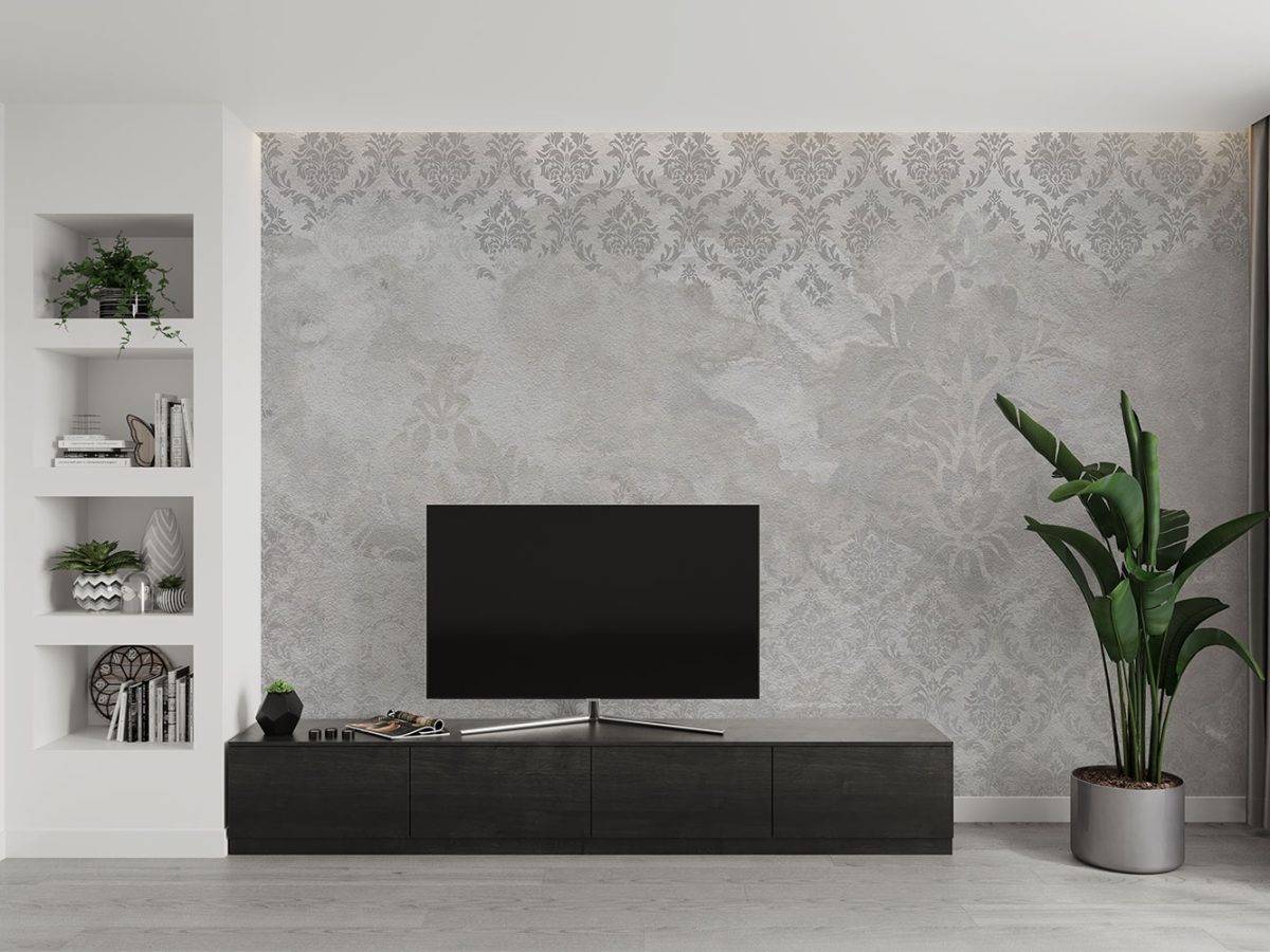 کاغذ دیواری مدل داماسک طوسی W12213700 پشت تلویزیون tv