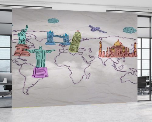 کاغذ دیواری آژانس مسافرتی طرح نقشه اماکن دیدنی دنیا W10111700