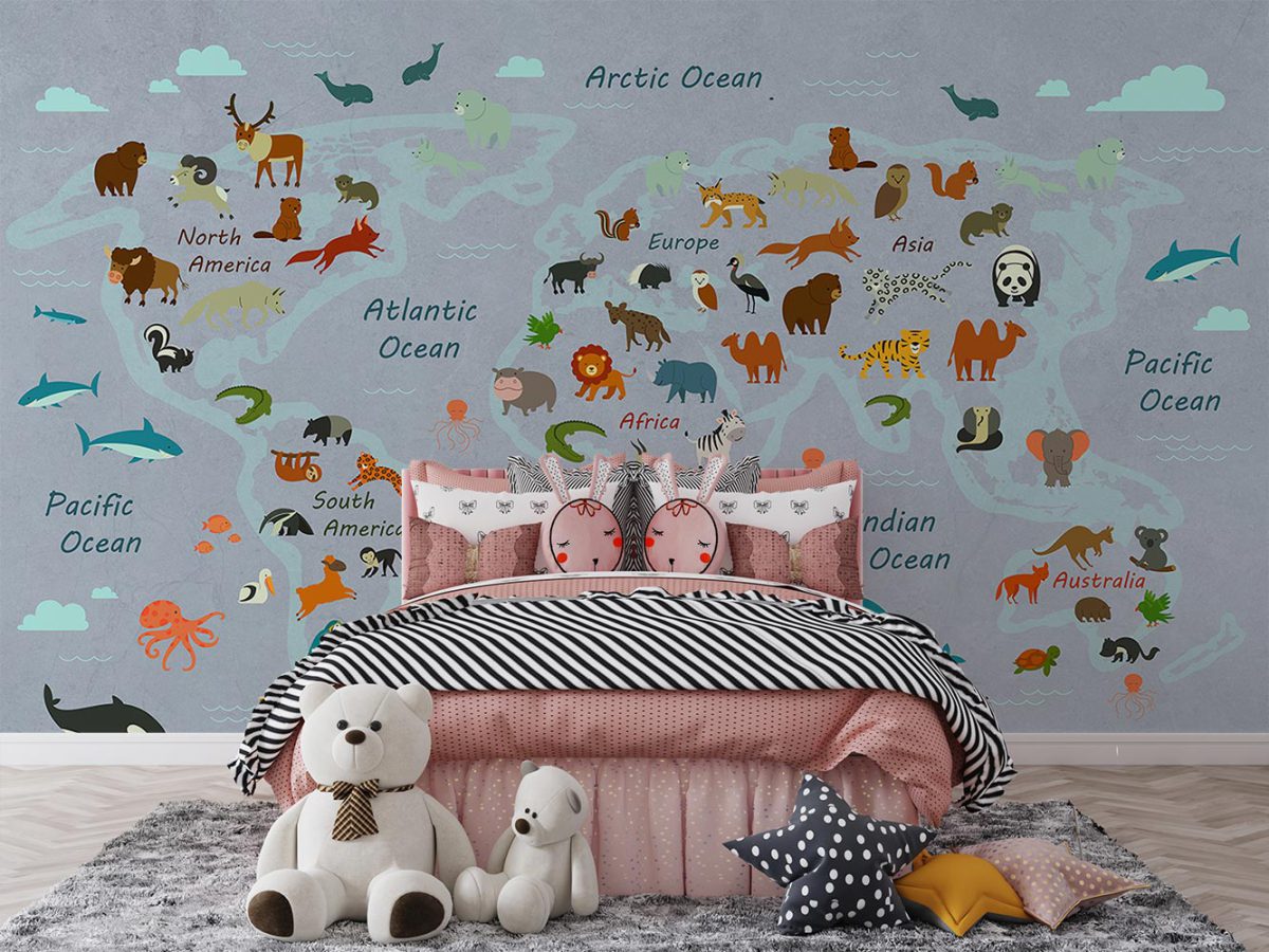 کاغذ دیواری کودکانه نقشه و حیوانات W10127200