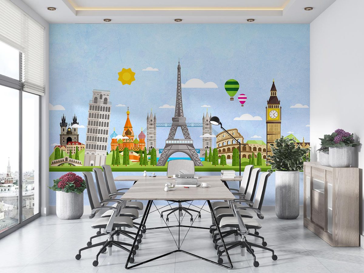 پوستر کاغذ دیواری دفتر آژانس مسافرتی و هوپیمایی طرح اماکن مشهور جهان W10133800