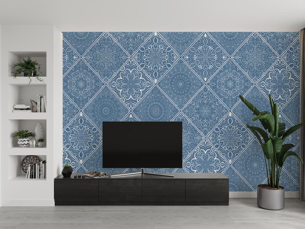 کاغذ دیواری آبی پشت تلویزیون سنتی اسلیمی W10134000