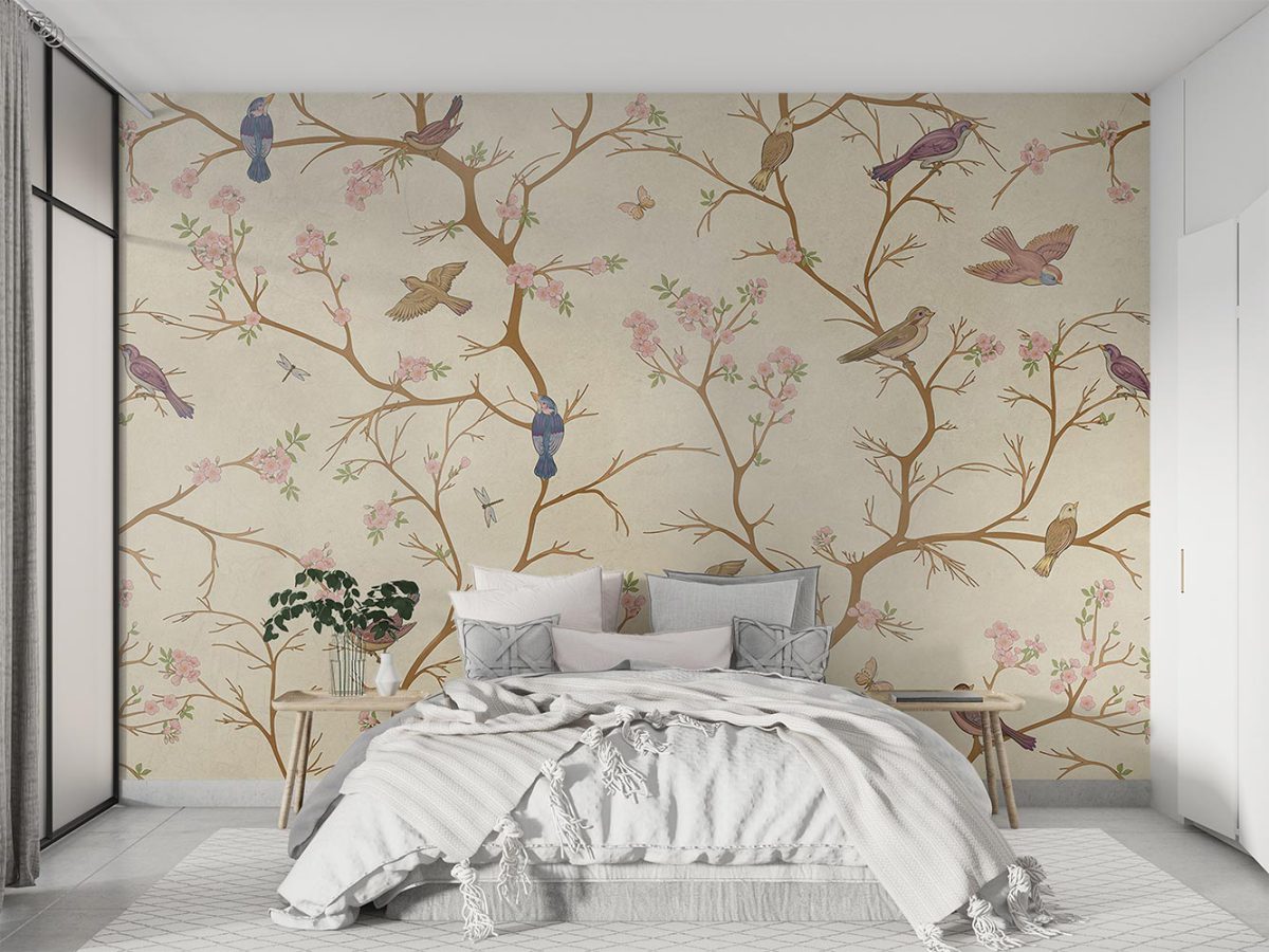کاغذ دیواری اتاق خواب طرح گل شاخه پرنده W10141500