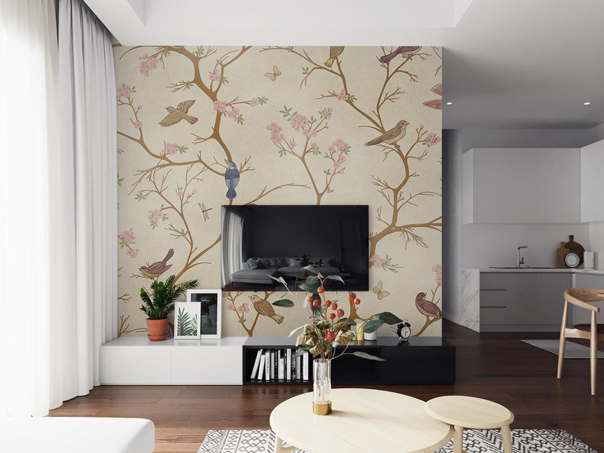 کاغذ دیواری پشت تلویزیون طرح گل شاخه پرنده W10141500