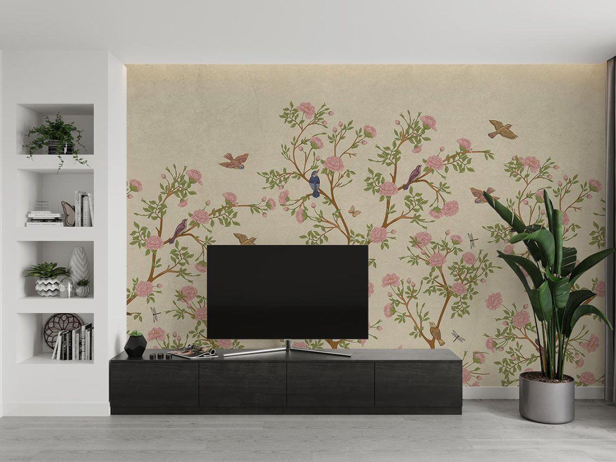 کاغذ دیواری پشت تلویزیون طرح گل و پرنده W10151600