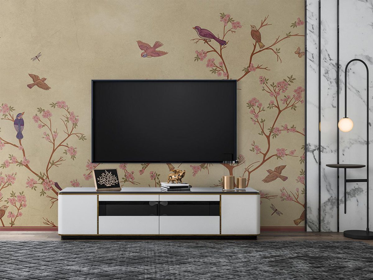کاغذ دیواری پشت تلویزیون طرح شکوفه پرنده W10152700