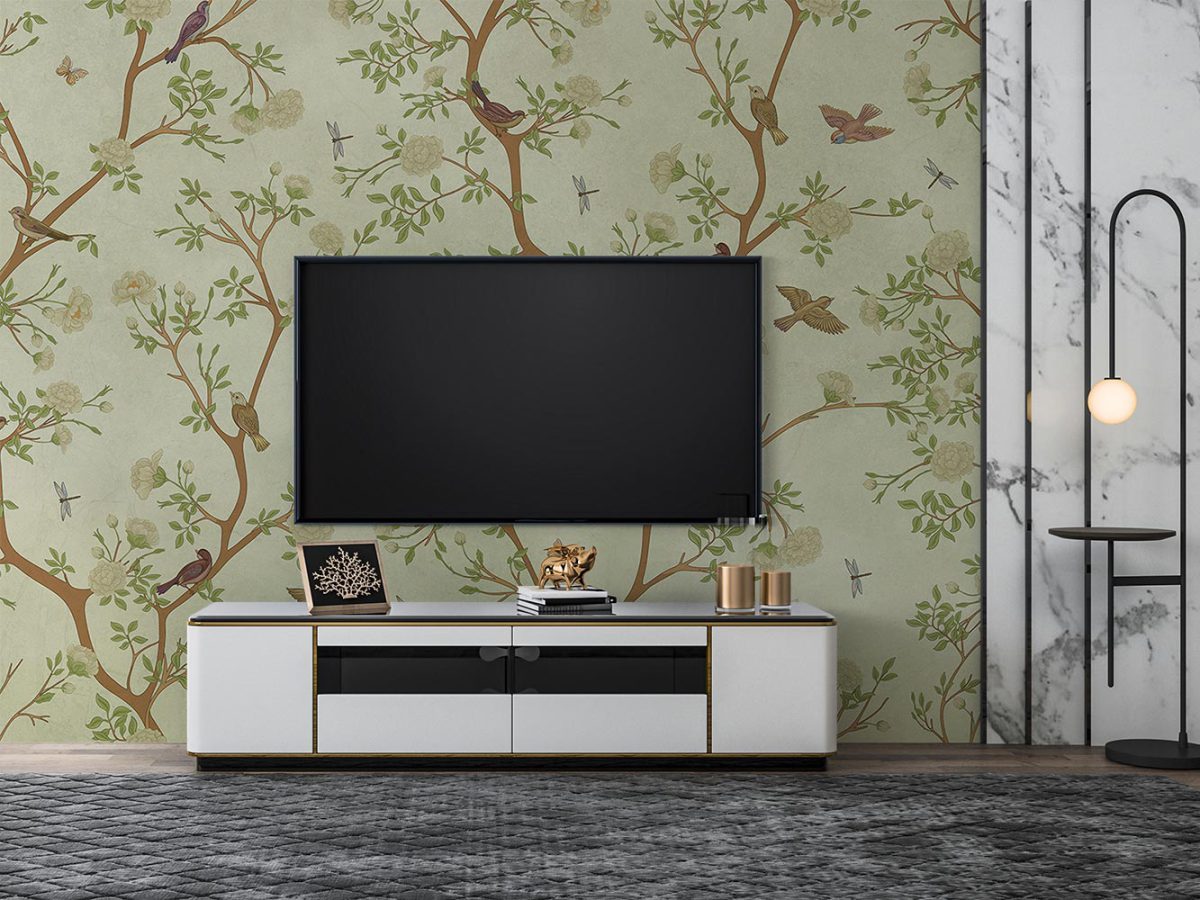 کاغذ دیواری پشت تلویزیون طرح شاخه درخت و پرنده W10152900