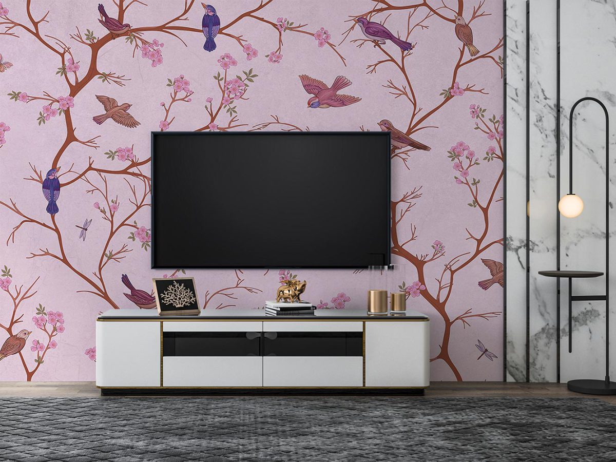 کاغذ دیواری پشت تلویزیون طرح شاخه درخت و پرنده W10153200
