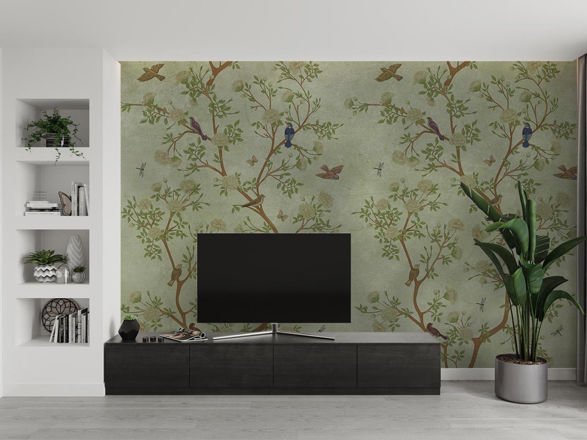 کاغذ دیواری پشت تلویزیون طرح لاکچری گل و درخت W10155600
