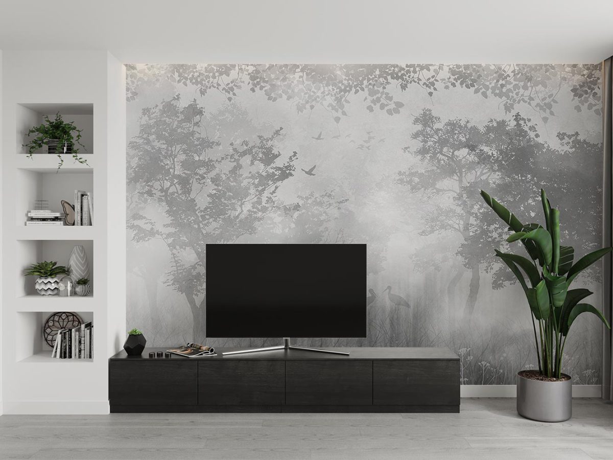 کاغذ دیواری پشت تلویزیون سیاه سفید درخت W10159200