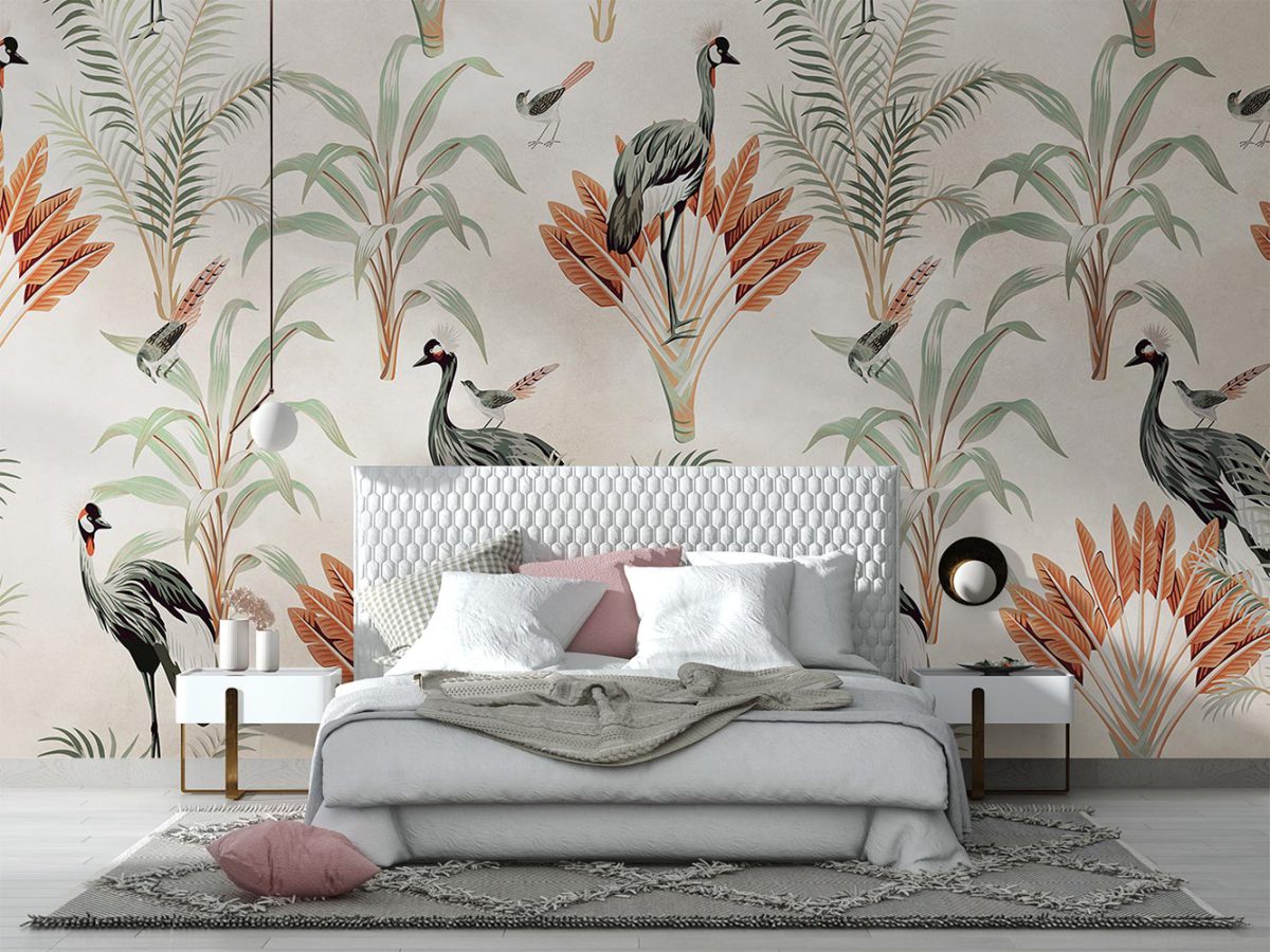 کاغذ دیواری اتاق خواب زن و شوهر طرح برگ و پرنده W10160200